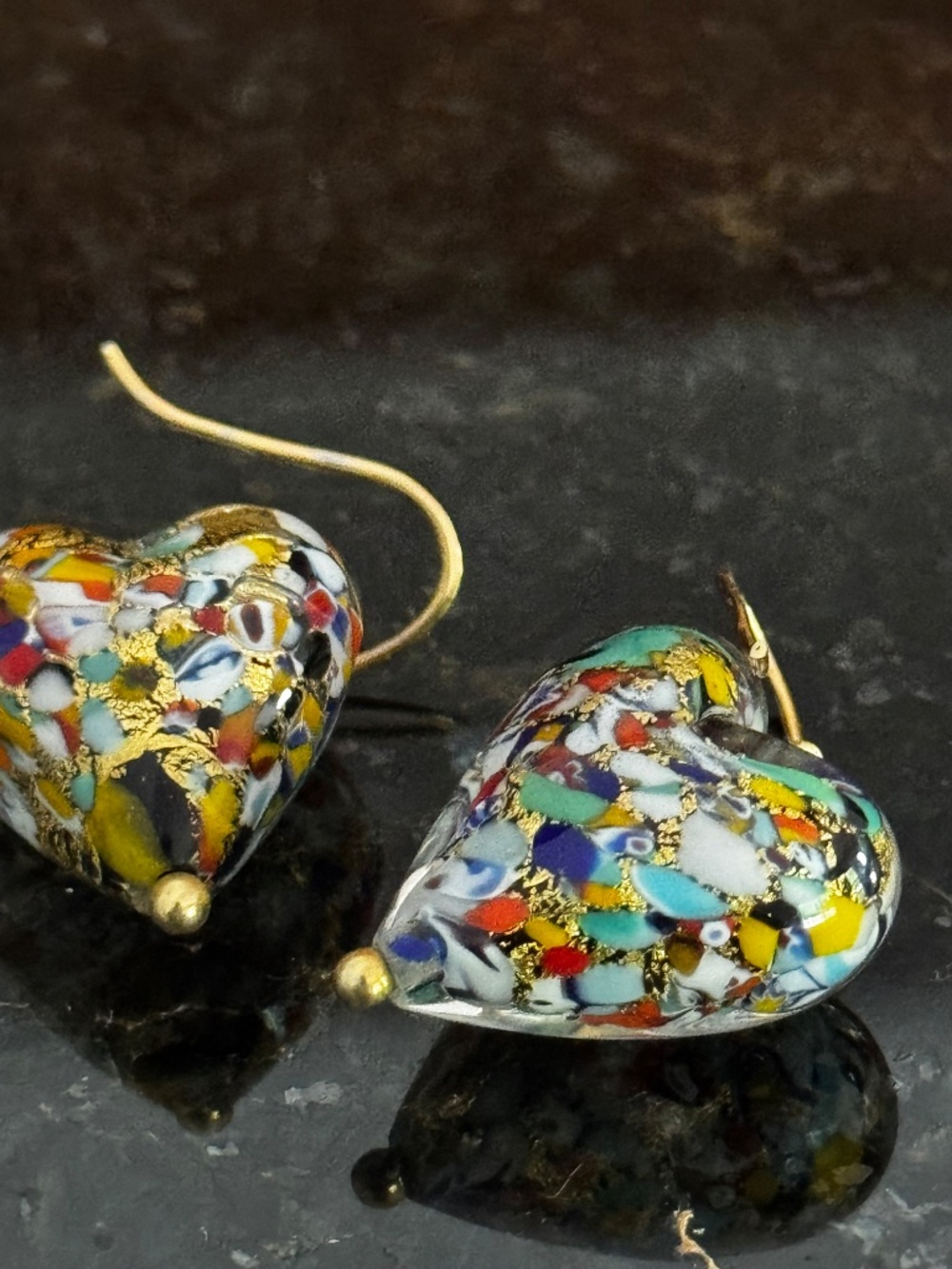 Murano Glass Heart Earings Gold Wires - Picture 5 of 11